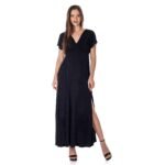 24seven Comfort Apparel Womens Flutter Sleeve Metallic Knit Maxi Dress Front Slit Empire Waist