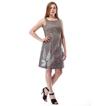 La Cera Women's Grey Cotton Floral Embroidered Front Sheath Dress
